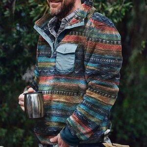 NWT Mens Colorful Stripe Snap Neck Fleece Chest Pocket Super Soft Size XL